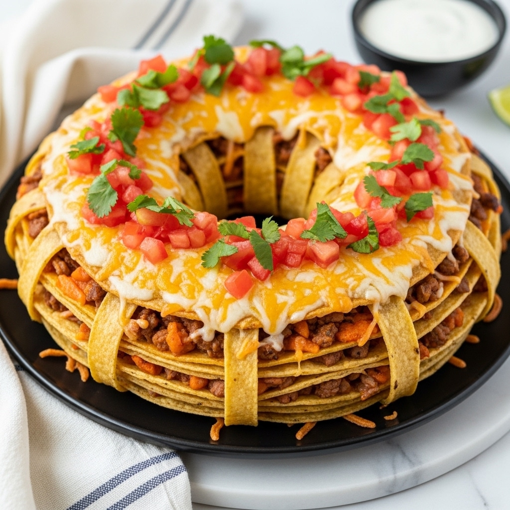 A round taco ring with multiple layers of crispy golden tortilla strips wrapped around a filling showing browned cooked meat intermixed with melted cheese in orange and white shades. The top is covered in evenly shredded cheese melted and slightly browned, topped with a vibrant layer of fresh red diced tomatoes and green chopped cilantro scattered all over. The ring sits on a black plate placed on a white marbled surface with a striped white and blue cloth nearby, and a small bowl of white sauce in the background. Photo taken with an iphone --ar 4:5 --v 7
