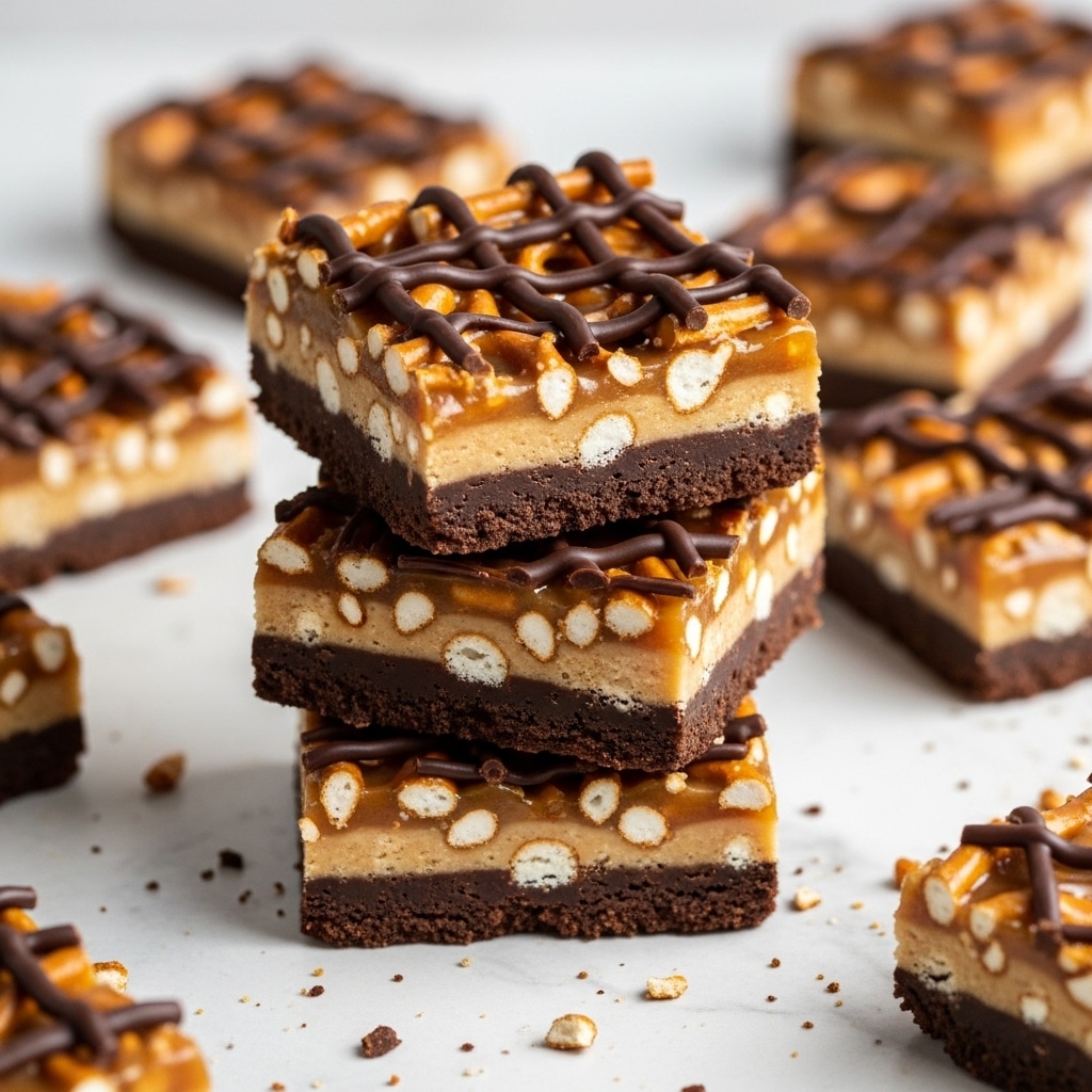 A stack of crunchy square treats with three visible layers sits on a white marbled surface scattered with small crumbs. The bottom layer is dark chocolate, smooth and shiny. The middle layer is light caramel with embedded small pretzel pieces, giving the texture a mix of soft and crunch. The top layer shows a glossy caramel poured over more pretzel pieces and is decorated with a crisscross drizzle of dark chocolate. The edges are a bit uneven, showing the natural bake, and more broken pieces surround the stack. photo taken with an iphone --ar 4:5 --v 7
