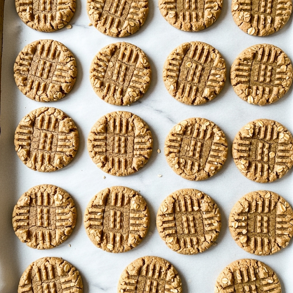 A dark brown baking tray holds seven round cookies, each with a thick, light brown dough base topped with a sprinkle of rolled oats, giving a rough texture with cream and light tan patches. The cookies are spaced evenly on a sheet of parchment paper, showing slight cracks and unevenness in the dough surface. The tray sits on a blue cloth with white stripes, placed on a white marbled texture surface. photo taken with an iphone --ar 4:5 --v 7