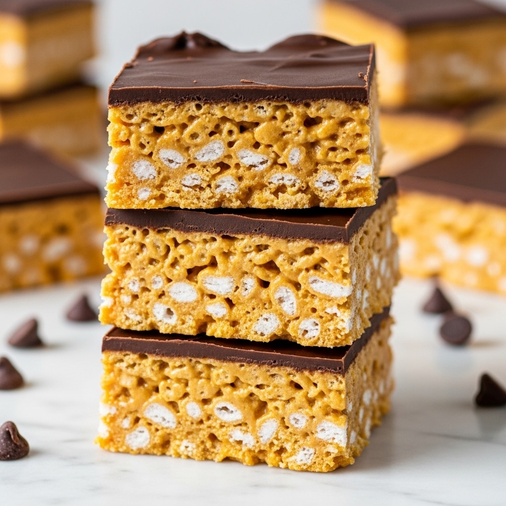 A close-up image of three stacked bars with two layers each, placed on a white marbled surface. The bottom layer is thick, textured, and golden-orange with visible puffed rice or cereal pieces, giving it a crunchy look. The top layer is a smooth, dark chocolate coating that covers the entire surface neatly. In the background, there are blurred more bars and scattered chocolate chips on the surface. The focus is sharp on the front stack, showing crumbly edges and a dense structure. Photo taken with an iphone --ar 4:5 --v 7