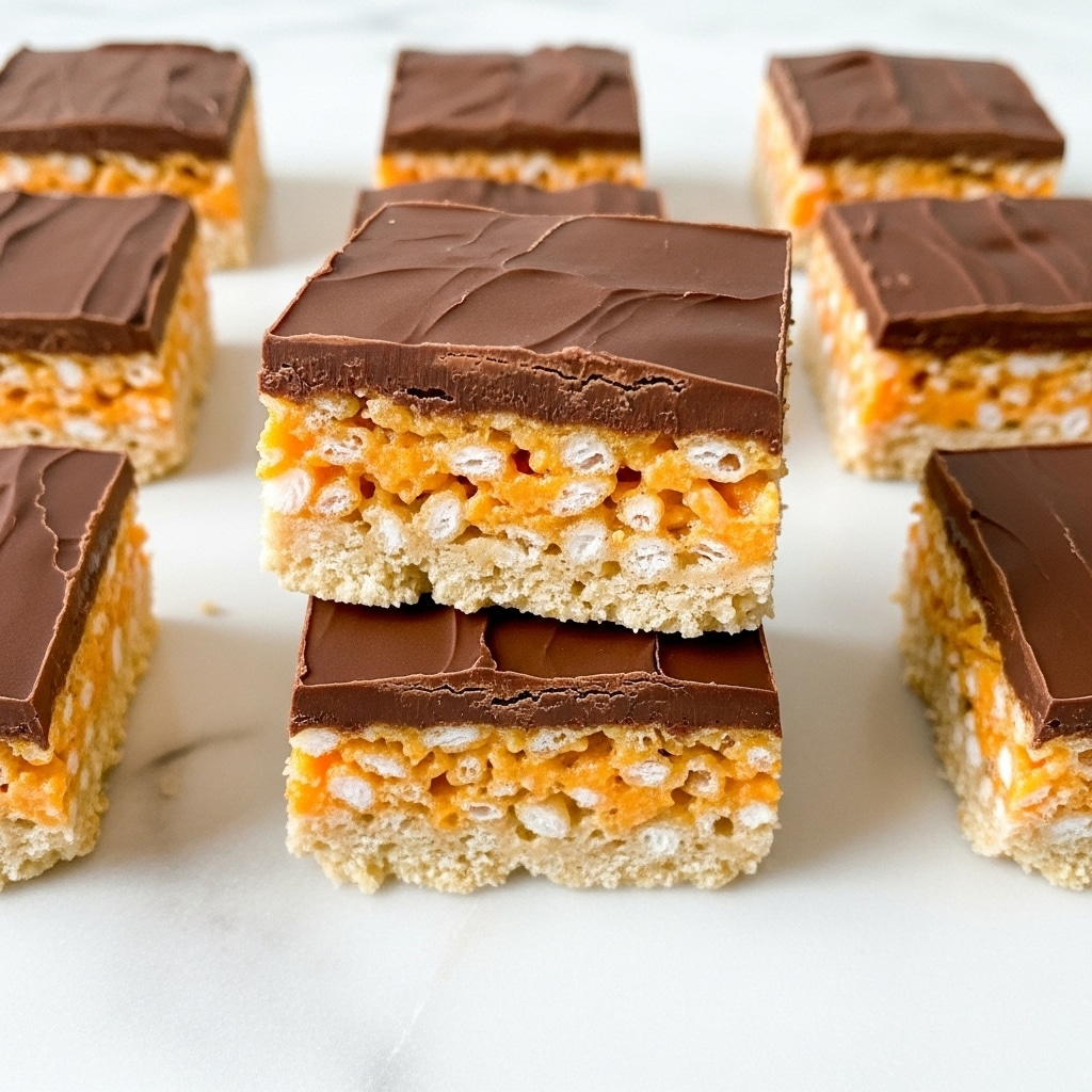 The image shows several square dessert bars laid out on a white marbled surface. Each bar has two layers: the bottom layer is an orange and light tan crispy rice mixture with a chewy texture, while the top layer is a smooth, dark brown chocolate coating. One bar is placed on top of another to clearly show the crispy rice layer and the chocolate layer, with a clean cut revealing the distinct textures and colors. The chocolate layers have a slight sheen and a few small cracks. The overall presentation is simple and neat. photo taken with an iphone --ar 4:5 --v 7