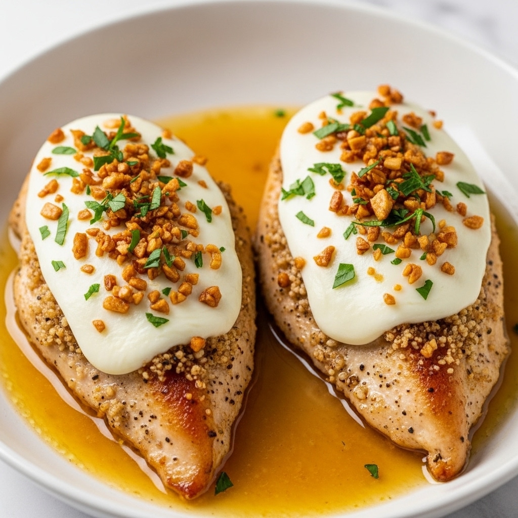 Two pieces of browned cooked chicken breast sit side by side in a shallow pool of light yellow sauce inside a white bowl. Each chicken piece is topped with a thick layer of melted white cheese, covered with small, golden-brown bits of toasted nuts or garlic, and sprinkled with finely chopped green herbs. The texture of the chicken looks juicy and tender with a light crust, while the cheese appears creamy and smooth. The background shows a soft, white marbled texture. Photo taken with an iphone --ar 4:5 --v 7