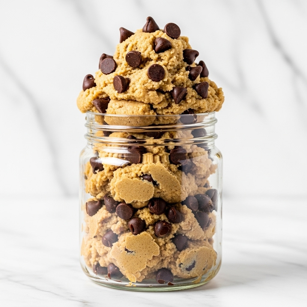 A clear glass jar filled with two layers of light brown cookie dough mixed with many dark brown chocolate chips, showing a grainy and soft texture. The dough is packed tightly inside the jar, with the top layer mounded above the rim in an uneven shape, decorated with larger chocolate chips sticking out. The background is a white marbled texture, giving a clean and bright look. photo taken with an iphone --ar 4:5 --v 7
