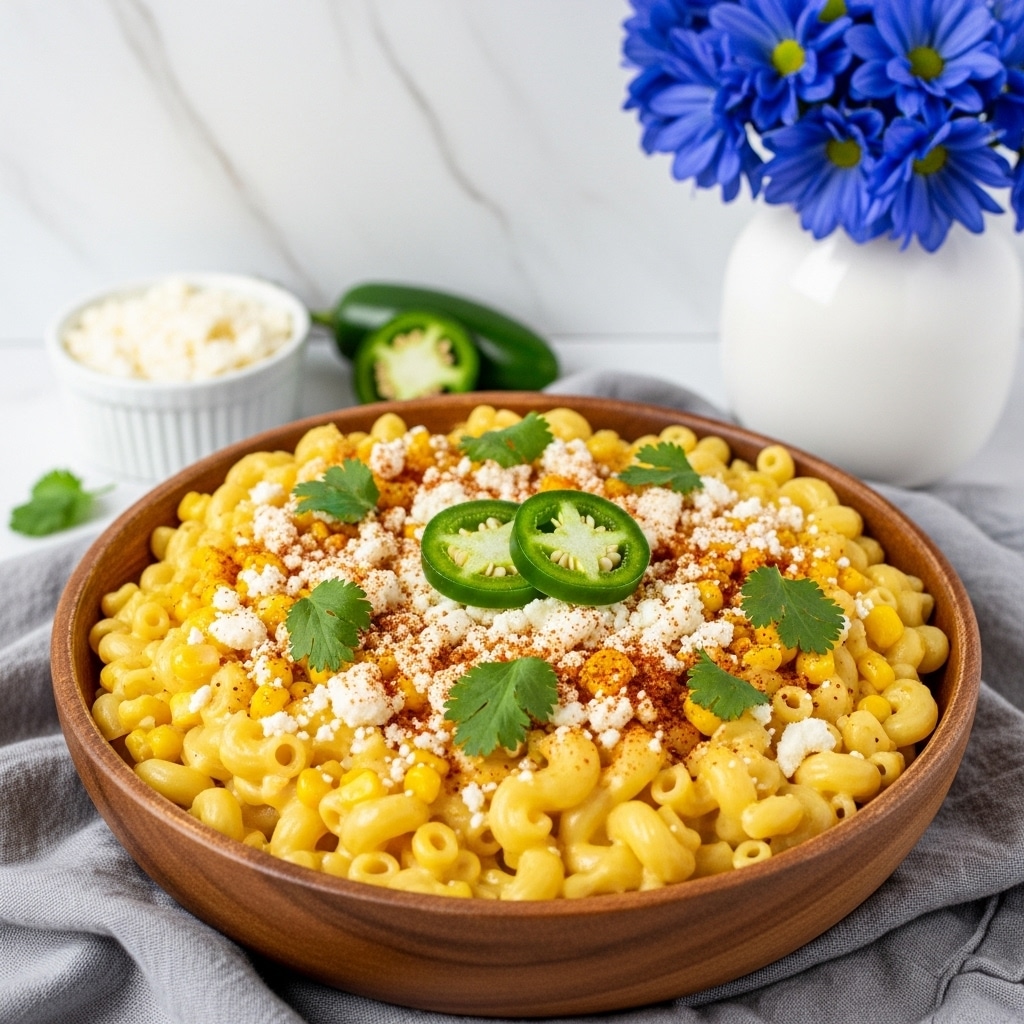 The image shows a wooden bowl filled with creamy macaroni and cheese pasta as the base layer, yellow and smooth in texture, with little curls of pasta covered evenly in rich cheese sauce. On top of that, there is a sprinkling of golden corn kernels mixed in and a generous layer of white crumbly cheese scattered across the surface. This is garnished with fresh green cilantro leaves and two round slices of green jalapeño placed near the center. A light sprinkling of reddish spice powder is dusted over the whole dish, giving a colorful contrast. The bowl sits on a soft grey cloth, with a white marbled background, a small white bowl with crumbly cheese behind it, a slice of jalapeño, and a white vase of bright blue flowers to the side. Photo taken with an iphone --ar 4:5 --v 7