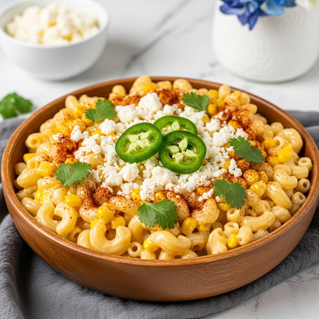 A wooden bowl filled with creamy elbow macaroni mixed with yellow corn kernels, topped with white crumbled cheese, green cilantro leaves, and three slices of bright green jalapeño peppers arranged near the center. The macaroni is coated in a shiny, smooth cheese sauce. There is a light dusting of reddish-brown chili powder sprinkled over the top, adding a touch of color contrast. The bowl sits on a gray cloth on a white marbled surface. In the soft-focused background, a white bowl with more white cheese and a white vase holding blue and white flowers are visible. Photo taken with an iphone --ar 4:5 --v 7