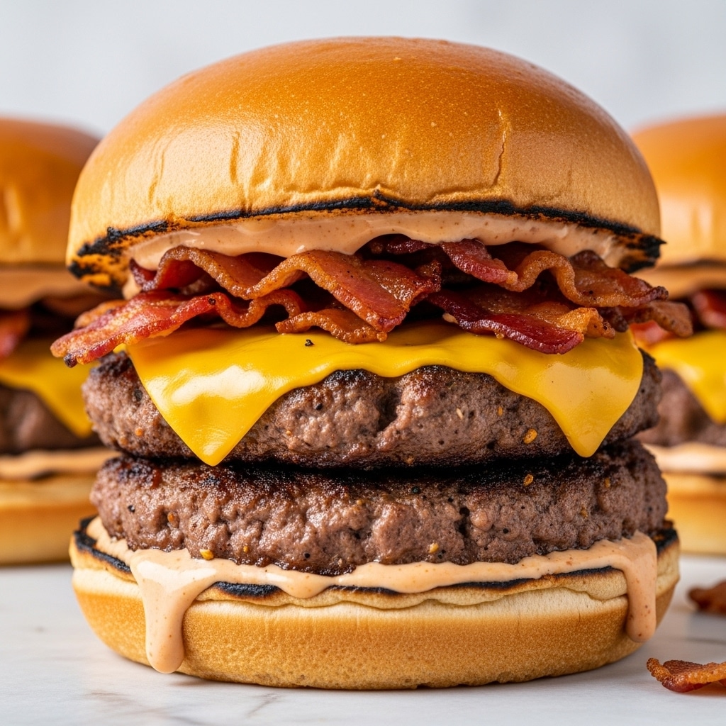 A close-up of a thick, juicy beef patty topped with a bright orange melted cheddar cheese layer, covered with crispy, dark red-brown bacon strips arranged unevenly. Under the patty, there is a fresh, dark green leafy lettuce layer. A small piece of red tomato is partially visible in the background, all placed on a white marbled surface. The textures show edges of the beef with a grilled crust and shiny, gooey cheese dripping slightly over the sides. Photo taken with an iphone --ar 4:5 --v 7
