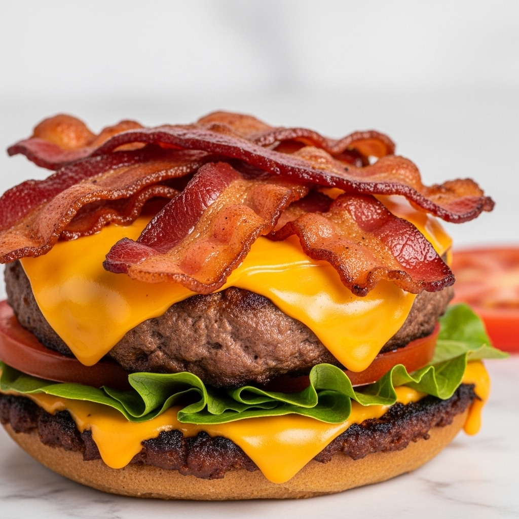 A close-up view of a burger without the top bun, showing five layers from bottom to top: a grilled white bun with char marks, a slice of melted yellow cheddar cheese, a thick grilled beef patty with visible juices and seasonings, a layer of creamy light orange sauce dripping down the sides, and crispy bacon bits scattered generously on top. The background has a white marbled texture and parts of more burgers are blurry in the background. photo taken with an iphone --ar 4:5 --v 7