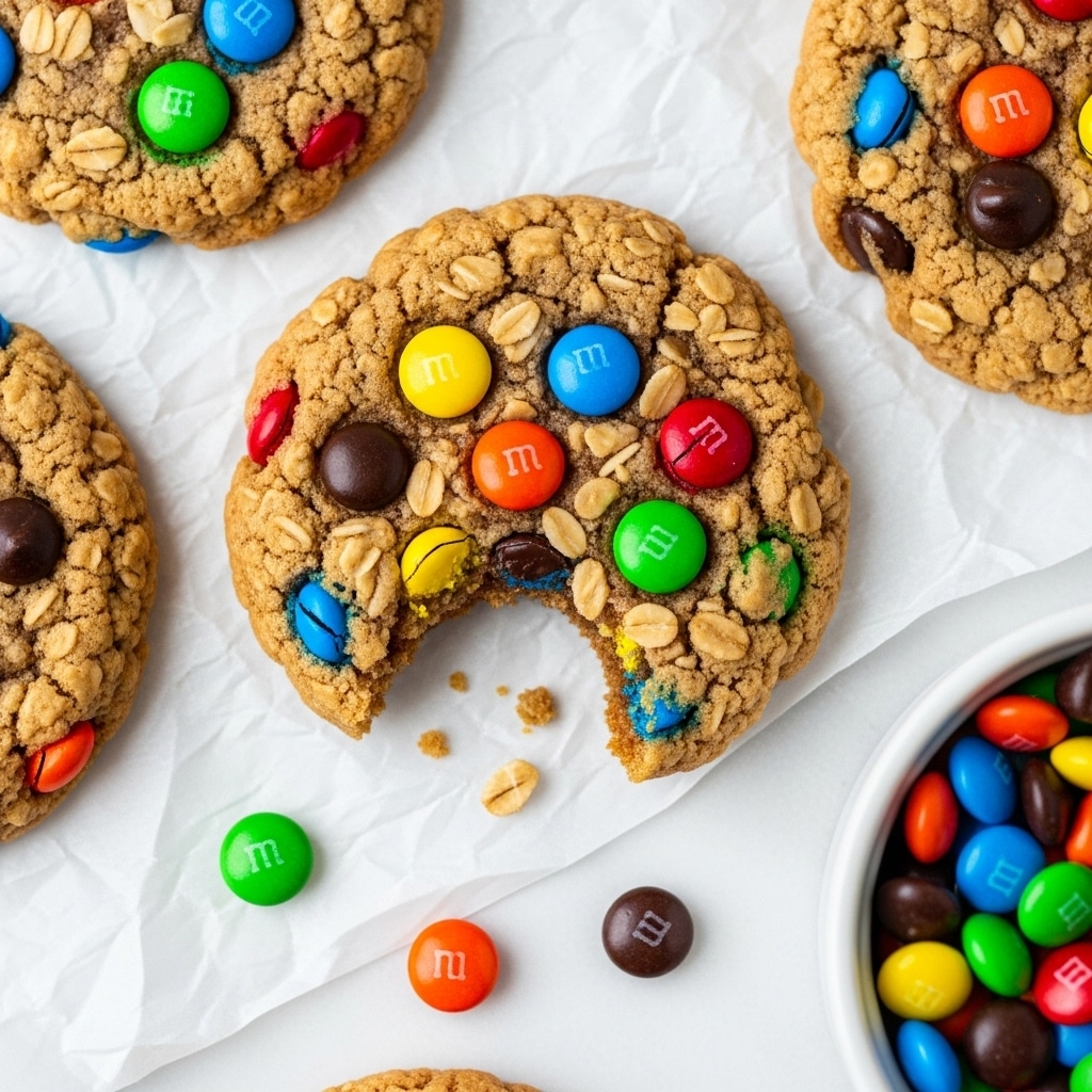 A close-up image showcases several oatmeal cookies with colorful M&M candies and chocolate chips embedded on top, with one cookie in the center having a large bite taken out of it, exposing its soft, chunky interior with visible oats. The cookies are on crinkled parchment paper, while the bottom right corner features a white bowl filled with more vibrant M&Ms and chocolate chips. A few loose candies are scattered near the bitten cookie, adding a playful touch. The whole scene is set on a subtle white marbled surface. photo taken with an iphone --ar 4:5 --v 7