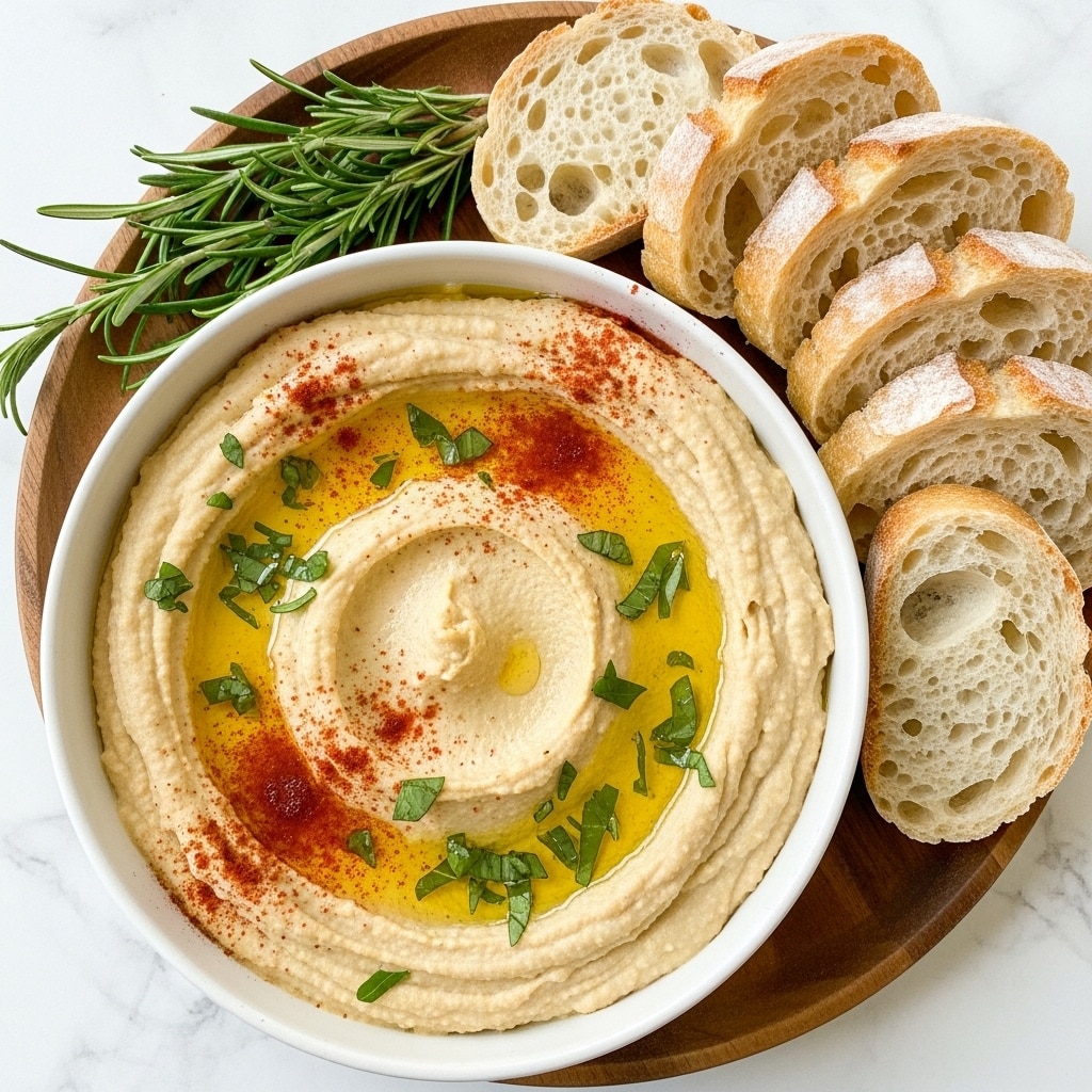 A white bowl filled with creamy beige hummus, topped with a drizzle of golden oil and sprinkled with chopped green herbs and small brown nut pieces, adding texture and color contrast. Two thin, crispy, light tan bread slices are placed standing upright on one side of the hummus. The hummus surface has a slightly rough texture with visible swirls from serving. The bowl sits on a white marbled surface. photo taken with an iphone --ar 4:5 --v 7