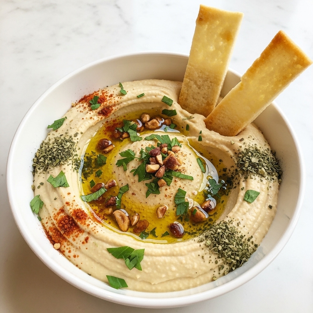 A round white ceramic bowl filled with creamy hummus, which has a smooth and slightly textured surface. The hummus is topped with a drizzle of golden olive oil, sprinkled with red paprika powder, and small green herb pieces scattered unevenly on top. The bowl sits on a wooden board that holds several slices of crusty bread with a light golden-brown crust and a soft, porous inside. A few sprigs of fresh green rosemary rest near the bowl on the board, all set on a white marbled surface. photo taken with an iphone --ar 4:5 --v 7