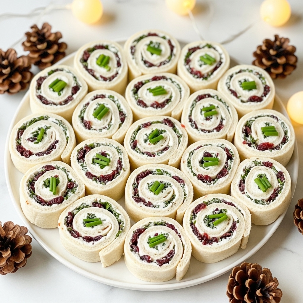 The image shows a white round plate filled with about a dozen pinwheel sandwich rolls arranged closely together. Each roll has two visible spiral layers: a light beige outer wrap and a white creamy filling inside, dotted with small green bits of chopped herbs and bright red pieces of dried cranberries. On top of each roll, there are small green chive slices adding a pop of color. Around the plate are a few brown pinecones as decoration. The background is a white marbled surface with soft warm yellow bokeh lights softly glowing behind the plate. photo taken with an iphone --ar 4:5 --v 7