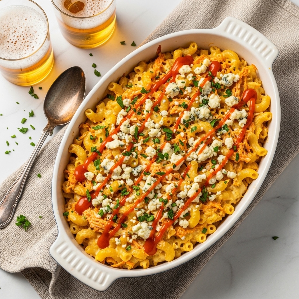An oval white ceramic baking dish filled with baked macaroni pasta, appearing creamy and golden yellow with bits of orange shredded chicken mixed in. The top layer is dotted with crumbled blue cheese, bright orange drizzles of hot sauce, and finely chopped green herbs scattered over the dish. The dish is placed on a textured beige cloth over a white marbled surface. Near the top left corner, a tarnished silver spoon lies next to the dish, with two glasses of light amber beer with frothy white foam in the background. photo taken with an iphone --ar 4:5 --v 7