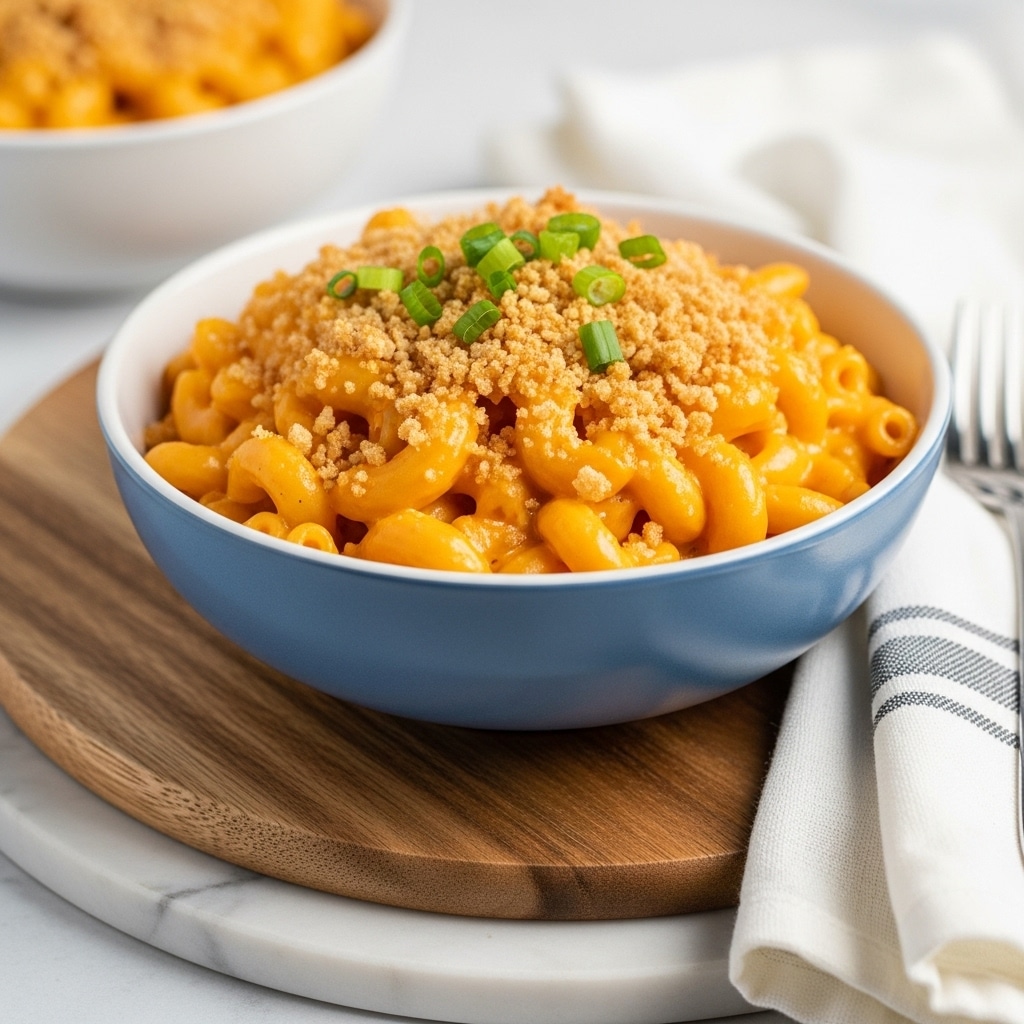 The image shows a blue white bowl full of creamy macaroni and cheese, with elbow-shaped pasta in a rich orange cheese sauce topped with a crispy golden-brown crumb layer. Bits of green onion are sprinkled on top, adding a fresh green contrast. The bowl rests on a round wooden board placed on a white marbled surface, with a white striped cloth napkin visible nearby. In the background, another bowl of macaroni and cheese is slightly out of focus. photo taken with an iphone --ar 4:5 --v 7
