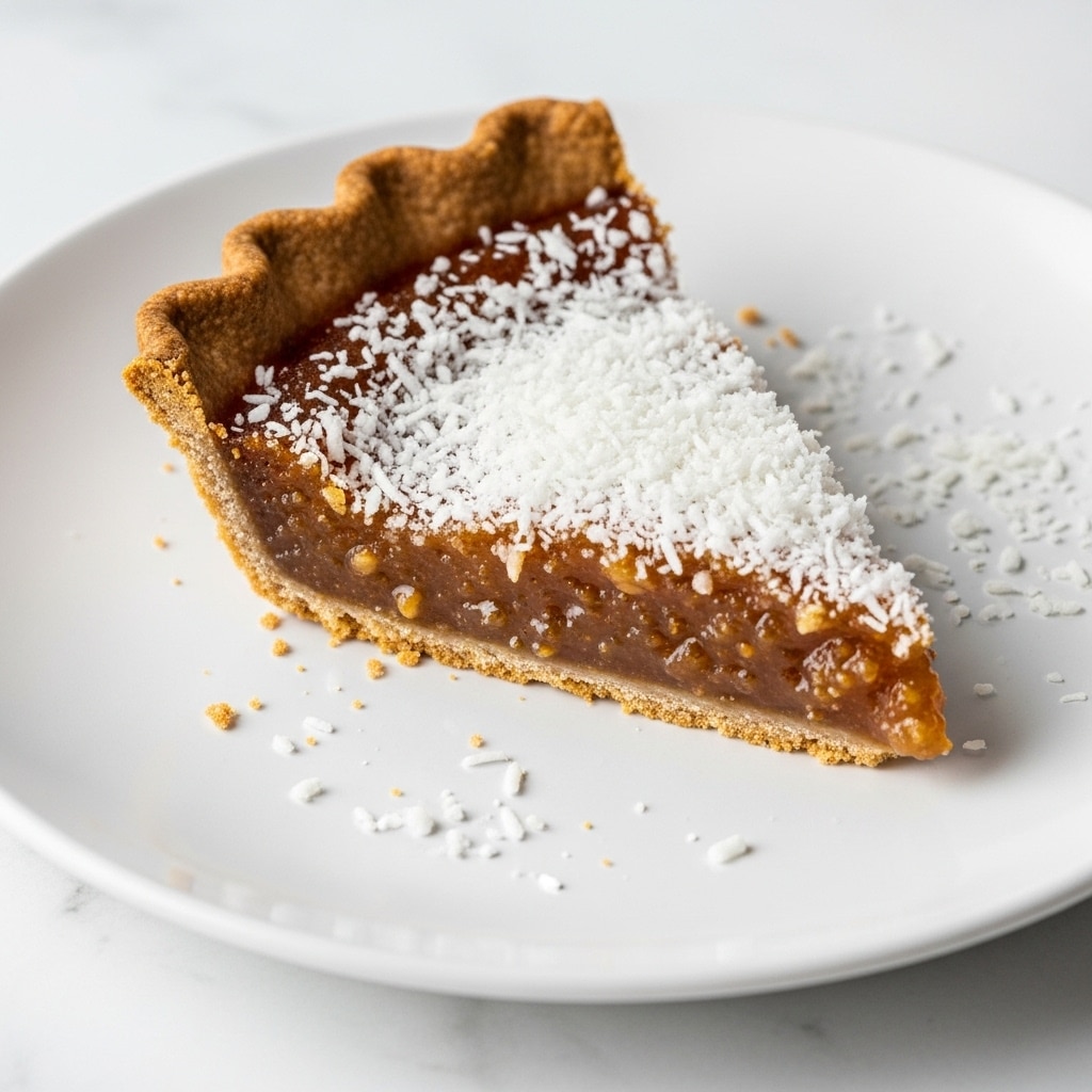 A single slice of pie sits on a white plate, featuring a dark golden brown crust with a slightly rough texture and scalloped edges. The filling is a rich amber color, slightly glossy, and topped with a generous layer of white coconut flakes that add a rough and flaky texture on the surface. Some coconut flakes are scattered around the plate. The plate is placed on a white marbled surface. photo taken with an iphone --ar 4:5 --v 7