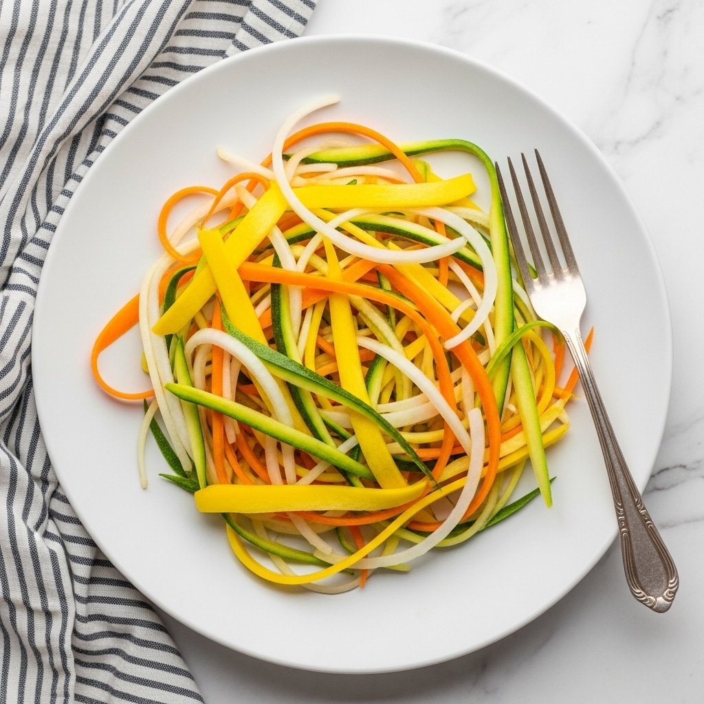 The image shows a white bowl on a white marbled surface filled with thin, long strips of fresh cucumber and carrot. The cucumber strips are green with a smooth texture while the carrot strips are bright orange and slightly curly. The vegetables look fresh and raw, mixed loosely with no extra layers or toppings, creating a simple and colorful salad. Photo taken with an iphone --ar 4:5 --v 7