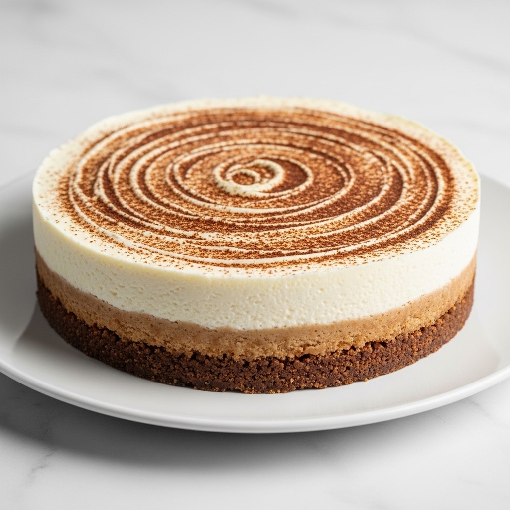 The image shows a round cheesecake on a clean white plate placed on a white marbled surface. The cheesecake has three clear layers: a thick brown crumbly base at the bottom, a thick creamy white middle layer with a smooth texture, and a thin top layer with a light brown spiral pattern that looks like cinnamon or cocoa powder, creating a swirl effect from the center to the edge. The sides of the cheesecake are neat and even, showing the contrast between the layers very clearly. photo taken with an iphone --ar 4:5 --v 7