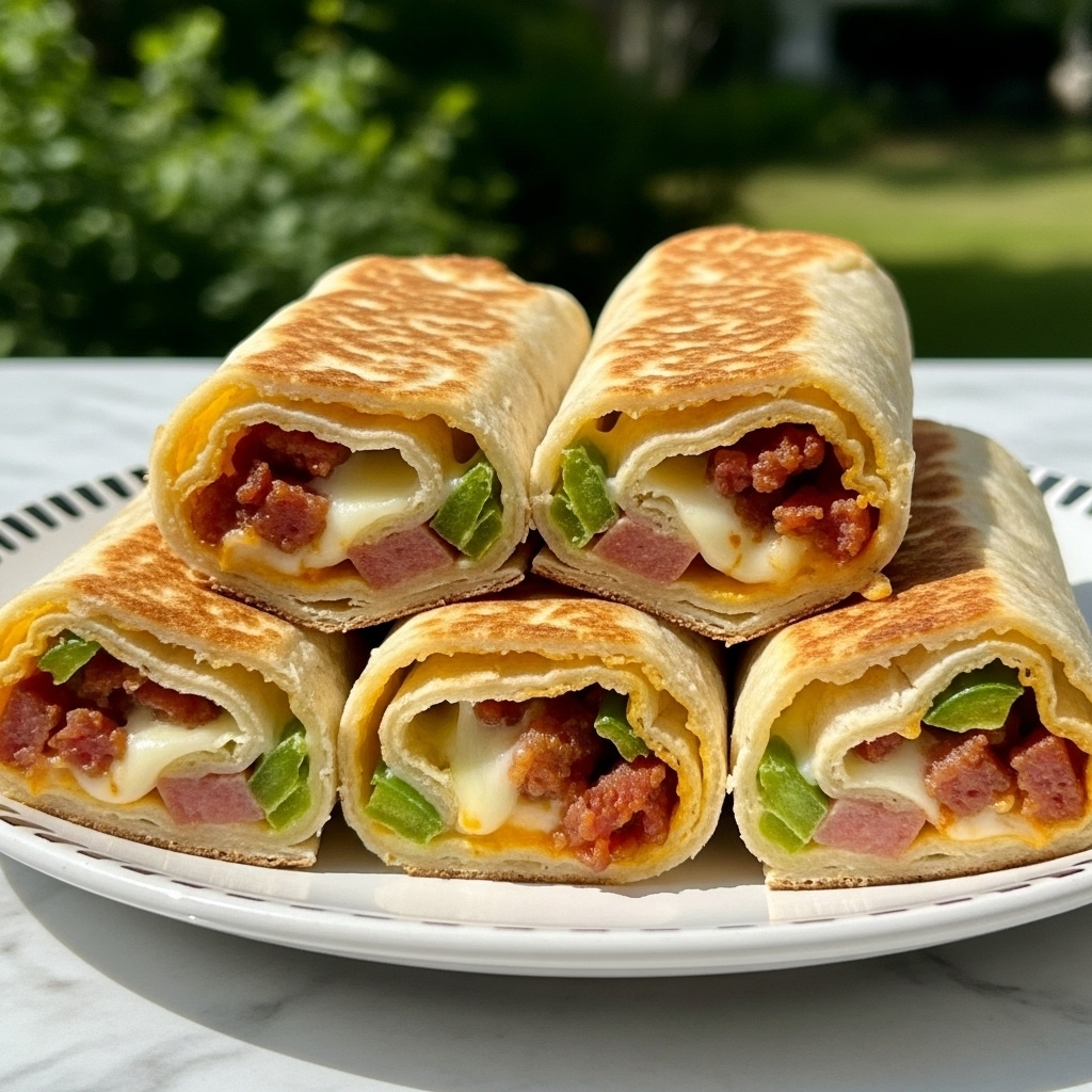 Four golden rolled wraps are arranged closely on a white plate with a black pattern near the edges, placed on a white marbled texture. Each wrap has a crispy outer layer with a light brown, toasted texture marked by small brown spots. The ends of the wraps are open, revealing three distinct layers inside: a top layer of melted white cheese, pieces of green vegetable chunks, and bits of browned meat or sausage. The wraps are slightly stacked, showing the filling clearly in the front ones, with a blurred outdoor green background behind them. photo taken with an iphone --ar 4:5 --v 7