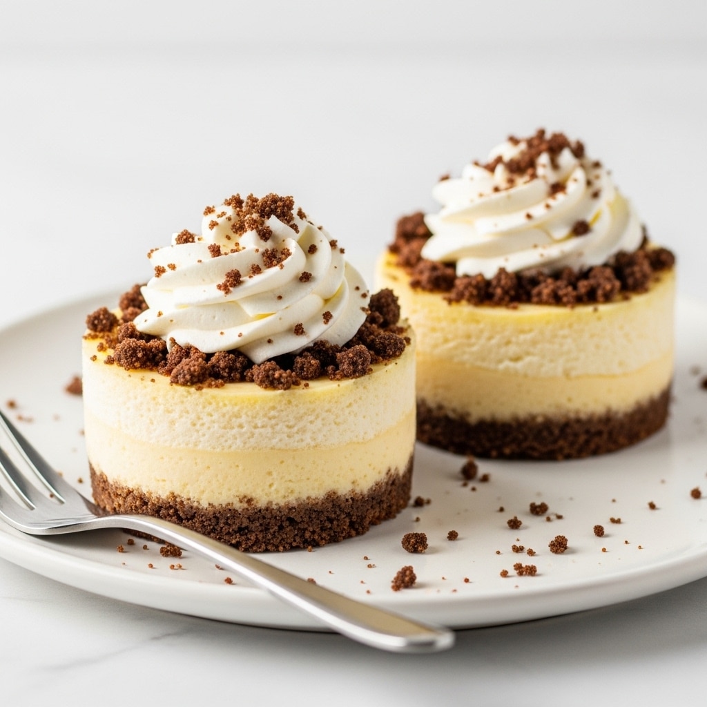 The image shows two small round cheesecakes on a white plate with a white marbled texture surface. Each cheesecake has three layers: the bottom layer is a thick crumbly brown crust, the middle layer is a creamy, pale yellow cheesecake with a smooth and slightly spongy texture, and the top layer has a dark brown crumb topping with a crunchy appearance scattered over the cheesecake. At the center of each cheesecake is a swirl of white whipped cream with a soft texture, and some crumbs are sprinkled on top of the cream. A silver fork lies on the plate near the front cheesecake. photo taken with an iphone --ar 4:5 --v 7
