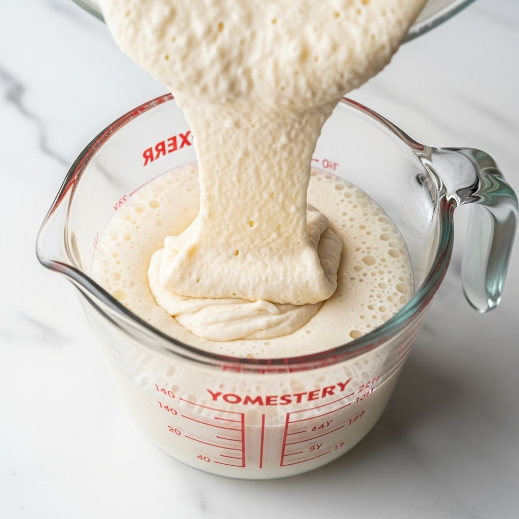 A clear glass measuring cup with red markings is sitting on a white marbled surface. A thick, creamy white batter with a slightly rough texture is being poured into the measuring cup from above, creating small air bubbles and folds as it flows. The flow looks smooth and heavy, filling the cup nearly to the top. The background is soft and light, focusing attention on the batter and the measuring cup. Photo taken with an iphone --ar 4:5 --v 7