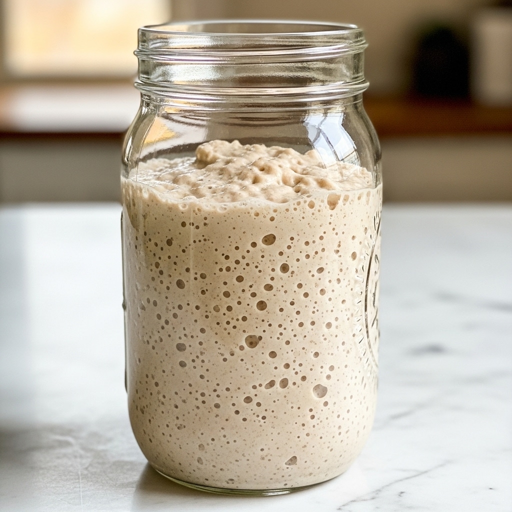 A tall clear glass jar filled almost halfway with beige bubbly sourdough starter that has a foamy, airy texture with many small and medium holes throughout. The jar has a faint embossed design on its front and sits on a white marbled surface with a soft blurred background showing warm tones suggesting a cozy kitchen. The light shines softly through the glass, highlighting the thick, creamy mixture inside. photo taken with an iphone --ar 4:5 --v 7