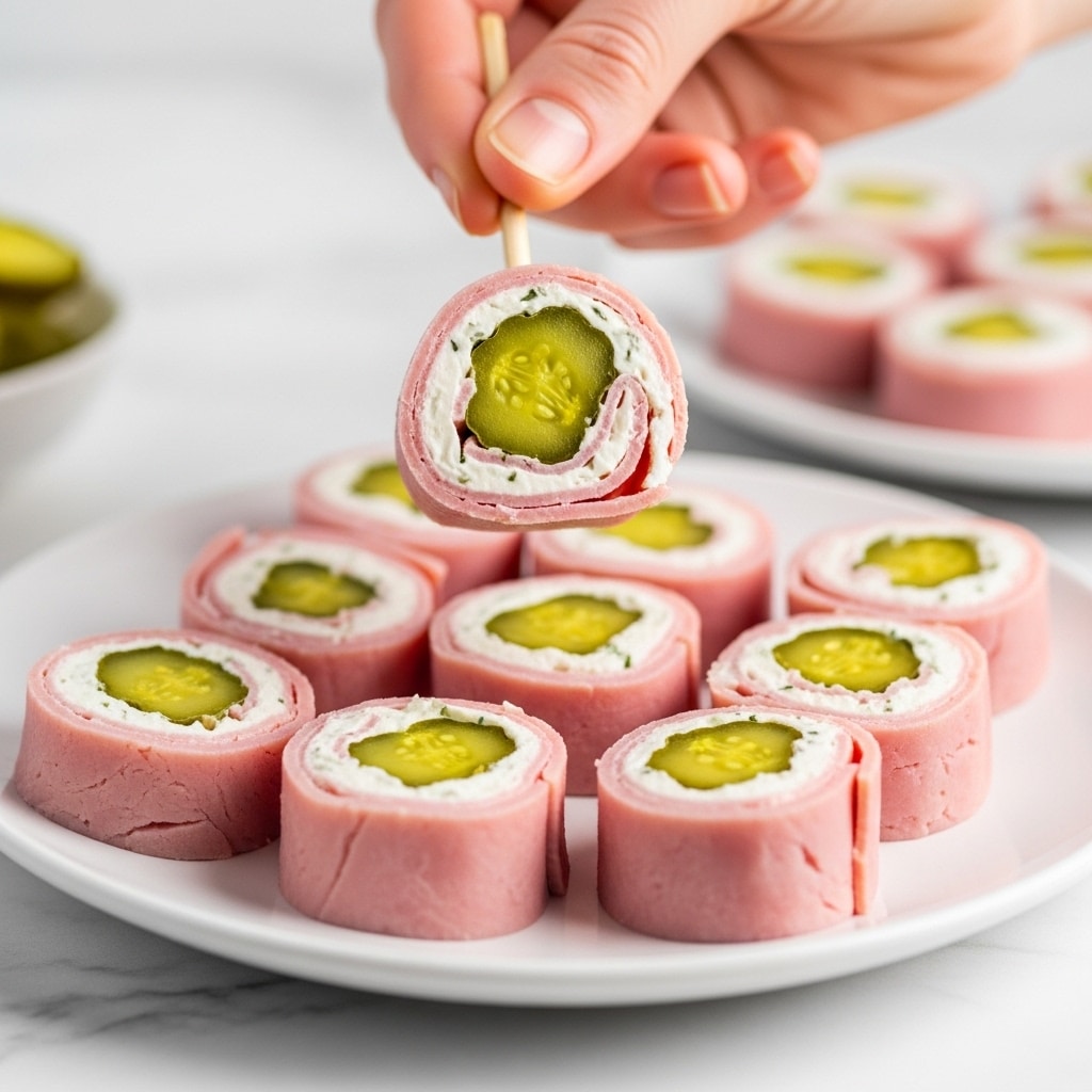 The image shows a close-up of small sushi roll-like pieces with a white creamy layer surrounding a bright green pickle center, all wrapped in a thin pink layer of deli meat. The pieces are arranged neatly on a white plate placed on a white marbled surface. A woman's hand is using a small stick to hold one piece in focus, showing the detailed layers and smooth textures of the pink wrap, creamy filling, and crunchy green center. The lighting highlights the freshness and contrast of the colors, making the dish look inviting and fresh. photo taken with an iphone --ar 4:5 --v 7
