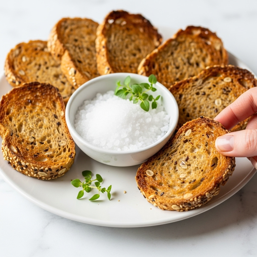 A close-up view of several toasted bread slices with seeds and grains on top, golden brown and crispy, arranged around a small white bowl filled with coarse sea salt. The bowl is placed on a white plate, and a woman's hand is delicately holding one slice in the foreground. Small green herb sprigs, possibly thyme, add a fresh touch near the bowl. The scene is set on a white marbled surface, giving a clean and bright background. photo taken with an iphone --ar 4:5 --v 7