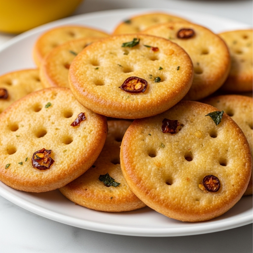 A close-up view of a pile of golden-brown, round fried snacks stacked loosely on a white plate. Each piece has a crispy texture with slightly uneven edges and small holes across their surface. Visible red chili flakes and green herb bits are spread throughout the snacks, adding color contrast to the golden base. The snacks look crunchy with a slightly oily, shiny finish. The background shows a blurred yellowish object, and the surface beneath the plate is a white marbled texture. photo taken with an iphone --ar 4:5 --v 7