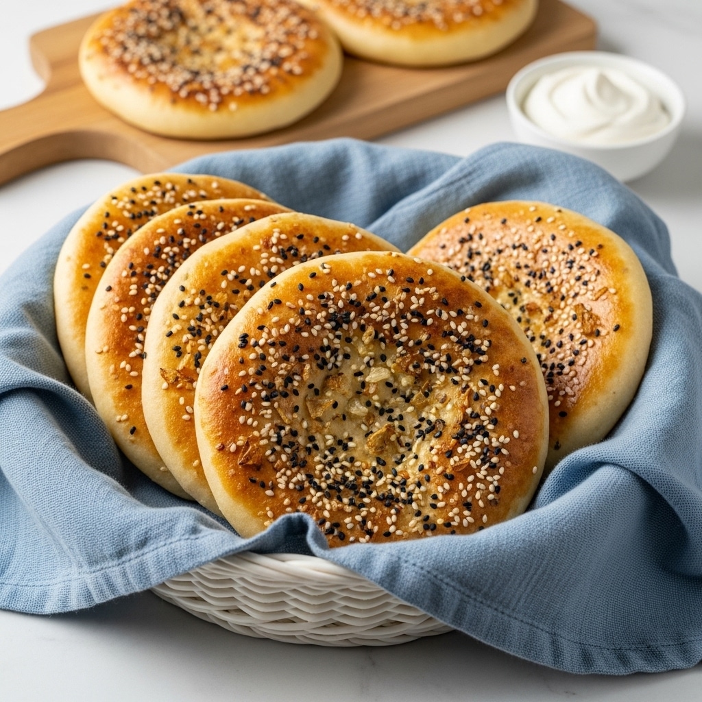 The image shows a white basket lined with a soft blue cloth, filled with four round flatbreads stacked neatly. Each flatbread has a golden brown top sprinkled with a mix of white and black sesame seeds and bits of dried onion, giving a textured look. The flatbreads have a slightly puffy, soft appearance with a smooth and shiny surface. Behind the basket, there is a cutting board with extra flatbreads and a small dish of white cream, all set on a white marbled surface. photo taken with an iphone --ar 4:5 --v 7