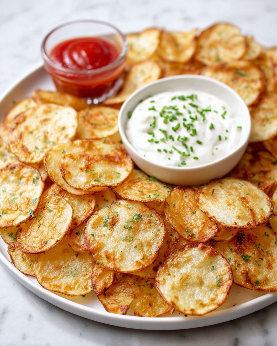 The image shows a white plate filled with many round, golden-brown potato chips that are thin and crispy, sprinkled with small green herbs. In the center-left of the plate, there is a white bowl with smooth, creamy white dip topped with chopped green chives. Behind this bowl, a small glass container holds a bright red sauce, likely ketchup. The plate sits on a white marbled surface, presenting a clean and fresh look. photo taken with an iphone --ar 4:5 --v 7