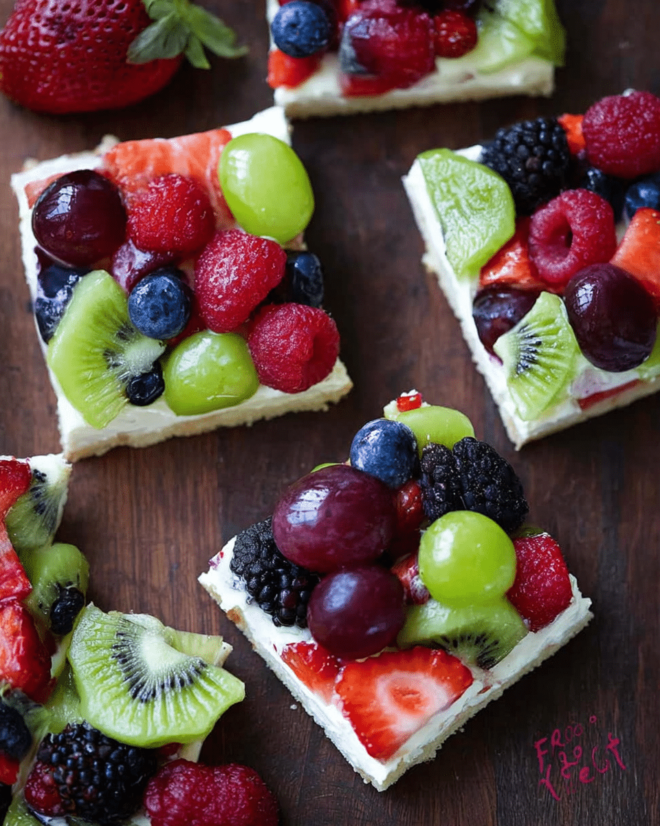 The image shows square slices of fruit salad pizza on a dark wooden surface, each slice having a thick white base layer topped with a creamy white layer. On top, vibrant fresh fruits are arranged in colorful clusters: red raspberries, dark blackberries, bright red strawberries sliced into pieces, deep blue blueberries, green kiwi slices, and halved purple-red grapes. The textures contrast between the smooth creamy layer and the juicy, bumpy fruits, giving a fresh and appealing look. photo taken with an iphone --ar 4:5 --v 7