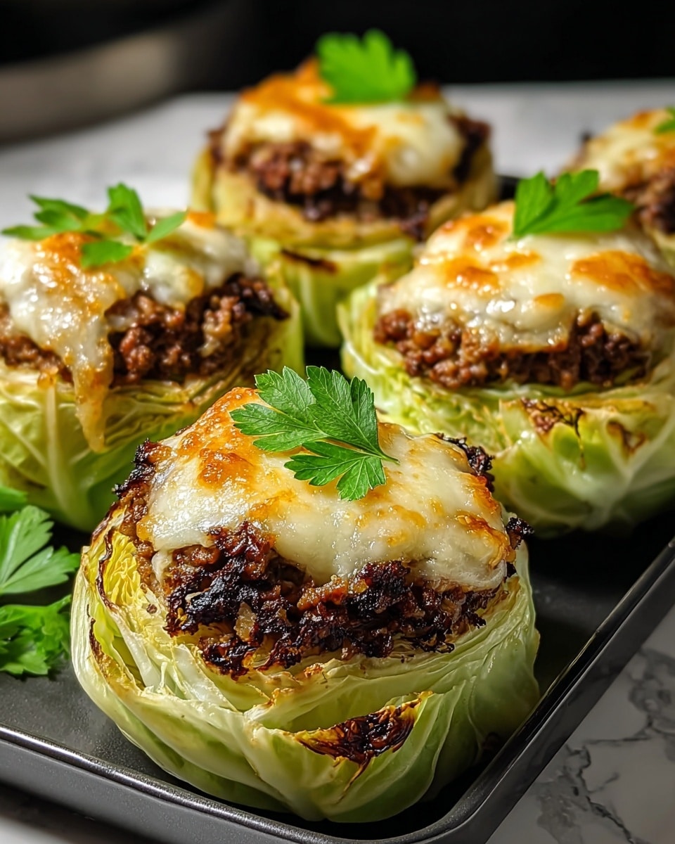 The image shows five servings of stuffed cabbage rounds arranged on a black tray. Each serving has three layers: a base layer of pale green, slightly charred cabbage leaves forming a shallow bowl, a thick middle layer of dark brown cooked ground meat mixture, and a top layer of melted white cheese with orange spots of browning. Each round is garnished with a small bright green parsley leaf placed neatly on top of the cheese. The background and surface have a white marbled texture, enhancing the focus on the food. photo taken with an iphone --ar 4:5 --v 7