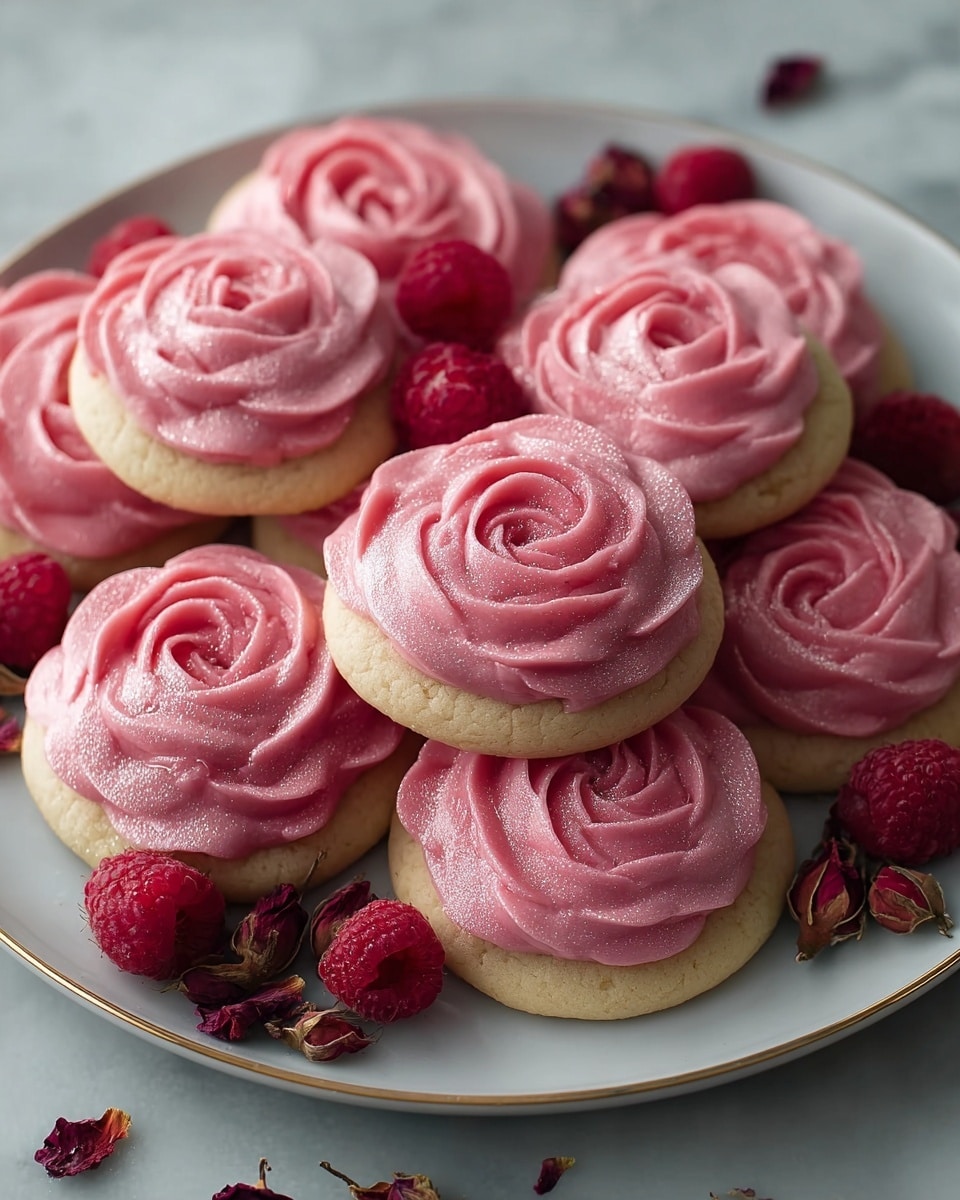 A white plate holds a group of round cookies, each topped with a thick layer of pink frosting shaped like detailed rose petals. The cookies have a light golden base visible under the frosting. Around the cookies are small, deep red dried rosebuds and fresh raspberries, adding texture and color contrast. The frosting has a slightly shiny and smooth look with a dusting of fine powder giving it a soft sparkle. The whole arrangement sits on a white marbled surface. photo taken with an iphone --ar 4:5 --v 7