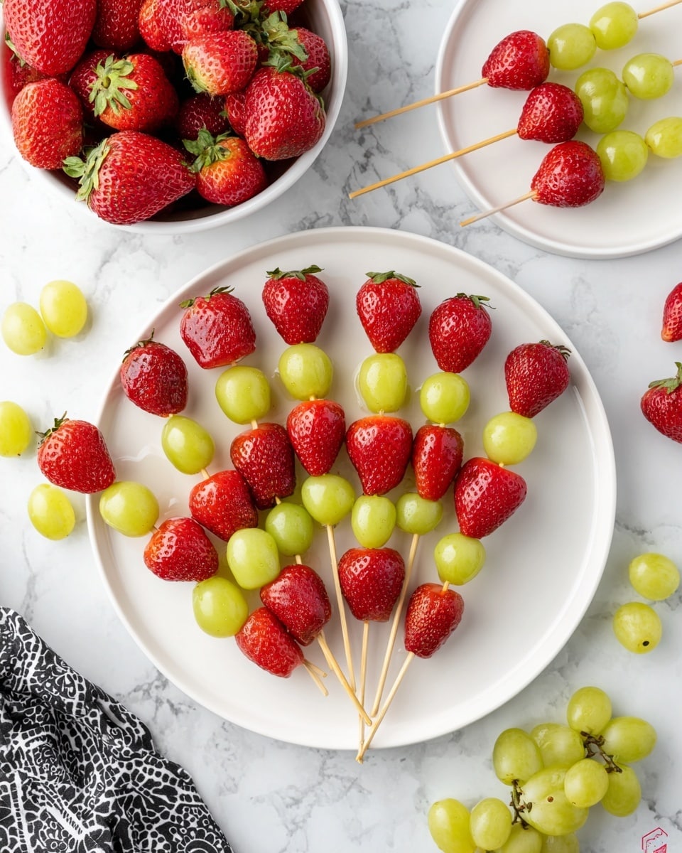 The image shows a white plate with nine fruit skewers arranged in a fan shape. Each skewer alternates between shiny red strawberries and glossy green grapes, typically with two or three grapes followed by a strawberry or vice versa. The strawberries are bright red with visible seeds and green tops, while the grapes are smooth and plump. Above the plate is a white bowl filled with fresh strawberries, and to the side, a smaller white plate with two skewers placed on it. The setting rests on a white marbled texture surface with some scattered grapes and strawberries around, and part of a black and white patterned cloth is visible in the lower left corner. Photo taken with an iphone --ar 4:5 --v 7
