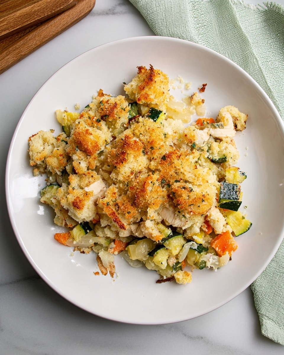A dish served on a white plate showing a mix of cooked vegetables and chunks of light brown to golden bread or casserole pieces. The top layer is crispy and golden with crumbly bits and some darker toasted spots. Beneath, there are diced green zucchini pieces, small orange carrot bits, and pale onion chunks, all mixed with white creamy or cheesy sauce and small pieces of white meat or tofu. The texture looks soft and baked, with a rustic, uneven spread of ingredients. The background is a white marbled surface with a light green cloth and a wooden object partially visible. Photo taken with an iphone --ar 4:5 --v 7