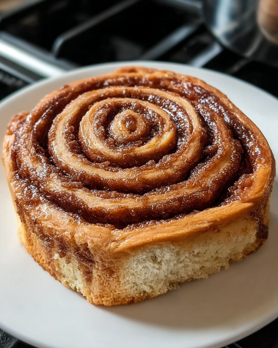 A thick cinnamon roll sits on a white plate, showing a tight spiral pattern from the center to the edge. The outer layer is a golden-brown baked dough with a soft texture, while the inner spiral layers alternate between light tan dough and rich, glossy dark brown cinnamon sugar swirls that look sticky and shiny. The cinnamon sugar layers are evenly spread, giving the roll a textured look that appears moist and sweet. The roll has slightly raised edges that give it a defined shape. The background is a white marbled surface with parts of a dark stove blurred in the distance. Photo taken with an iphone --ar 4:5 --v 7