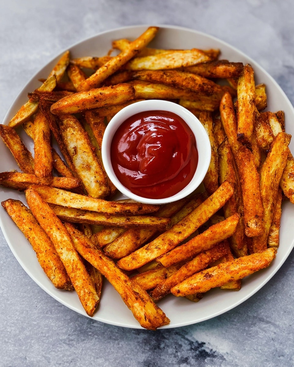 A bowl filled with crispy thick potato wedges that are golden yellow with a slightly charred texture, sprinkled lightly with green herbs. The bowl is lined with brown parchment paper, and the potato wedges are stacked loosely with some overlapping each other. Behind the bowl, there is a small white bowl filled with red dipping sauce, sitting on a dark surface, which has been changed to a white marbled texture for description. Small bits of green herbs are scattered around. photo taken with an iphone --ar 4:5 --v 7