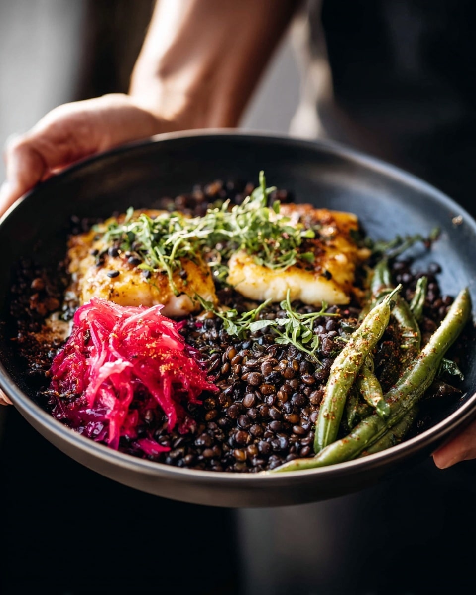 A close-up view of a black bowl held by a woman's hand shows a colorful meal with three main layers. The bottom layer is dark, small lentils or grains with a textured, slightly rough appearance, filling the bowl's base. On top, there are two pieces of golden, lightly glazed fish sprinkled with fresh chopped green herbs and black pepper, positioned near the center-left. To the right side, there is a pile of bright red shredded vegetables, possibly pickled, adding a vibrant contrast with their fine, stringy texture. Next to the red vegetables, on the far right, lies a small bunch of green beans, cooked but still firm, with some char marks and a light sprinkling of seasoning. The light appears soft and natural, highlighting the freshness and texture of the dish. Photo taken with an iphone --ar 4:5 --v 7