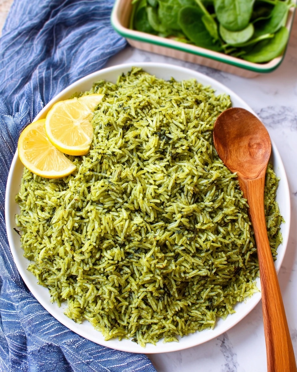 A large white plate is full of green rice, with each grain looking separate and coated in a bright green sauce. The rice has bits of herbs adding texture. Two yellow lemon wedges sit on the edge of the plate, adding a fresh color contrast. A wooden spoon is placed on the right side, partially buried in the rice. In the background, fresh green spinach leaves sit in a white tray with a green rim, set on a white marbled surface, and a blue and white striped cloth adds a soft texture to the upper left corner. Photo taken with an iphone --ar 4:5 --v 7