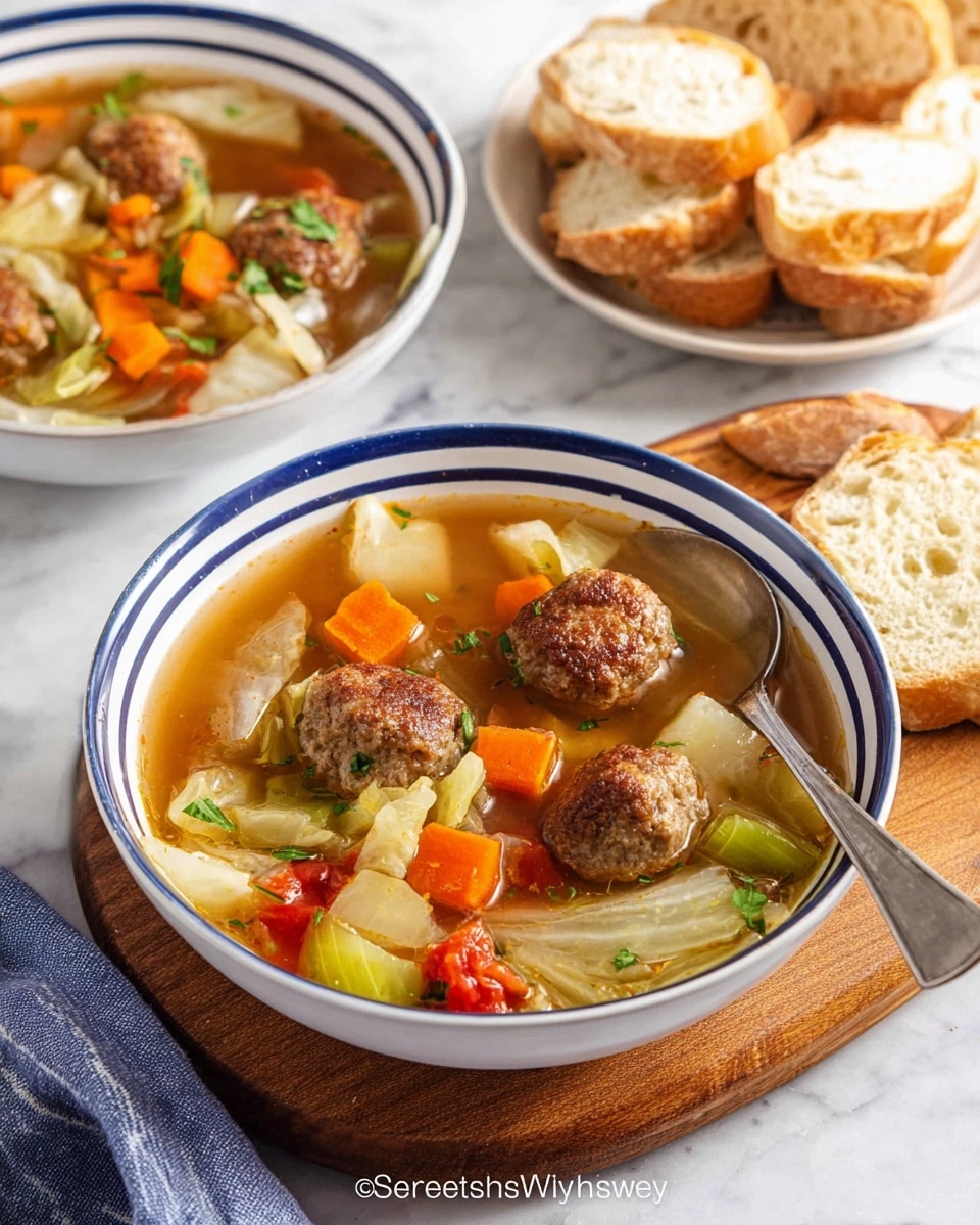 A bowl of meatball vegetable soup is shown with four brown meatballs on top along with bright orange carrot cubes, pale green celery pieces, chunks of cabbage, and red diced tomatoes in a clear brown broth. The soup is served in a white bowl with blue stripes on the outside, sitting on a wooden board over a white marbled surface. To the side, there is a white bowl with slices of light brown crusty bread. A silver spoon is resting inside the front bowl. Photo taken with an iphone --ar 4:5 --v 7