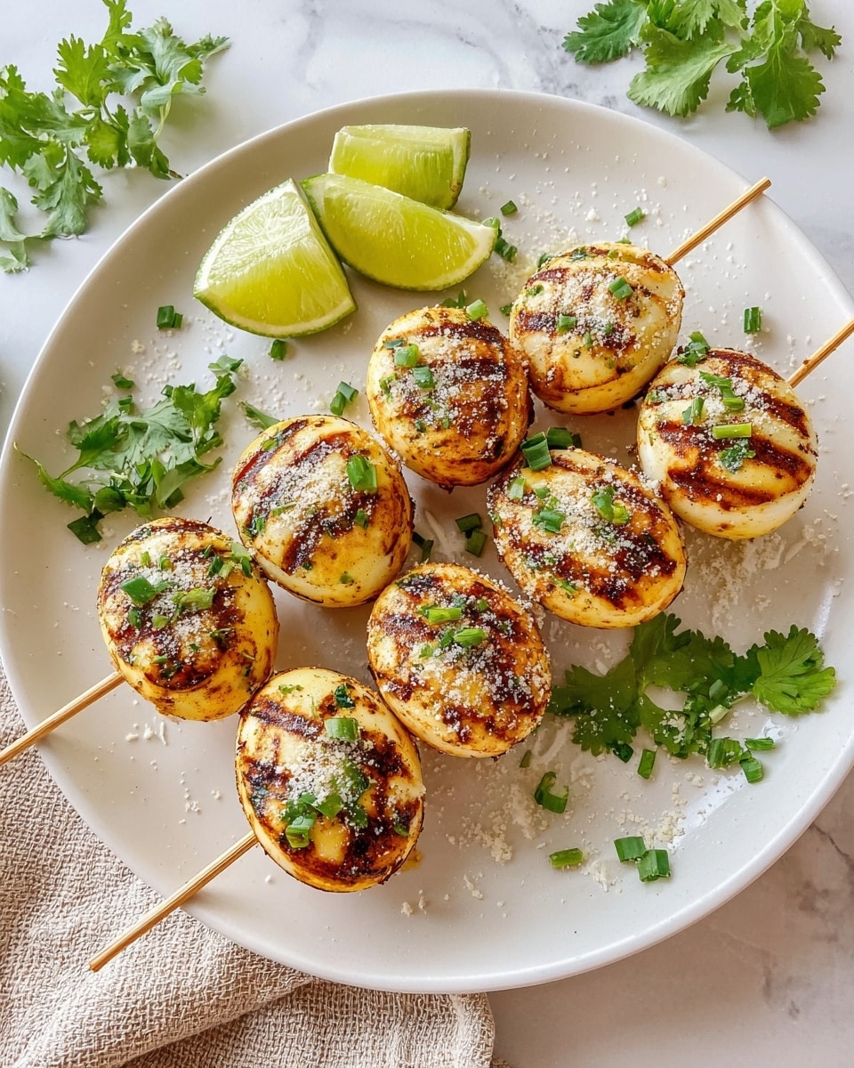 A white plate with two wooden skewers, each holding five golden-brown grilled small round balls with char marks. The balls are sprinkled with coarse white salt, finely chopped green onions, and some specks of black seasoning. On one side of the plate is a small bunch of fresh green cilantro leaves, and there are three lime wedges placed neatly next to the cilantro. The plate sits on a white marbled surface, with part of a beige textured cloth visible in the upper left corner. photo taken with an iphone --ar 4:5 --v 7