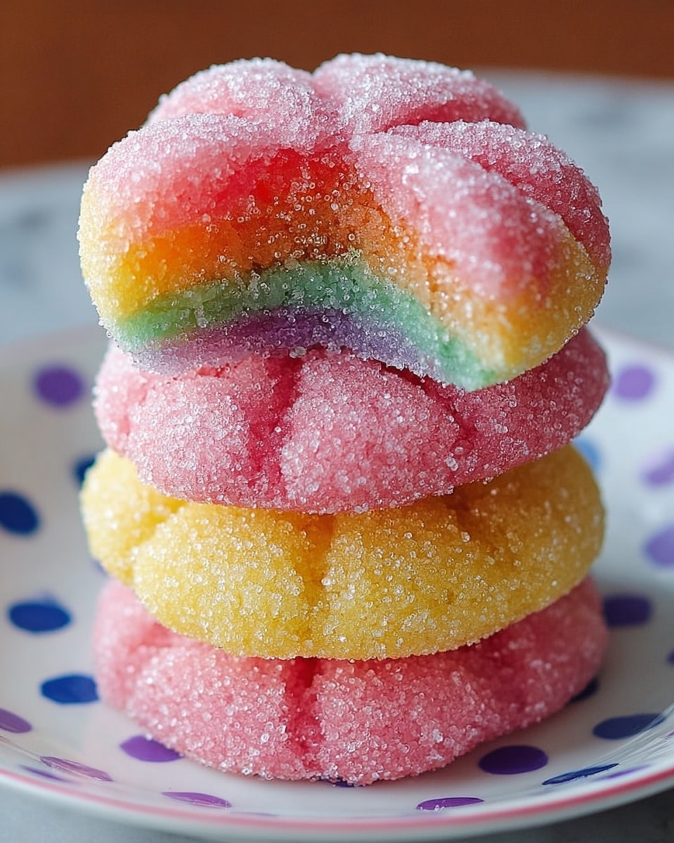 A close-up view shows round sugar cookies in a soft yellow color as the base layer, each topped with a smooth ring of colored sugar crystals in pastel shades like pink, blue, yellow, and green. Inside each ring, the center is filled with a slightly translucent hard candy layer in matching pastel colors that look shiny and textured. The cookies are placed closely together on a white marbled surface, emphasizing their bright, sugary coatings that sparkle under light. Photo taken with an iphone --ar 4:5 --v 7