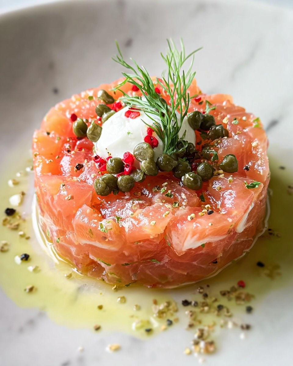 A single layered round tartare made from light pink diced raw salmon forms the main layer, with a smooth texture and glistening from moisture. On top, there is a dollop of white cream, small green capers clustered to one side, and bright red peppercorns scattered across the surface. A few sprigs of fresh green dill lay delicate on top as garnish. The tartare sits on a white plate with a faint pool of light olive oil and tiny black pepper flakes around it, all set against a white marbled textured surface. photo taken with an iphone --ar 4:5 --v 7