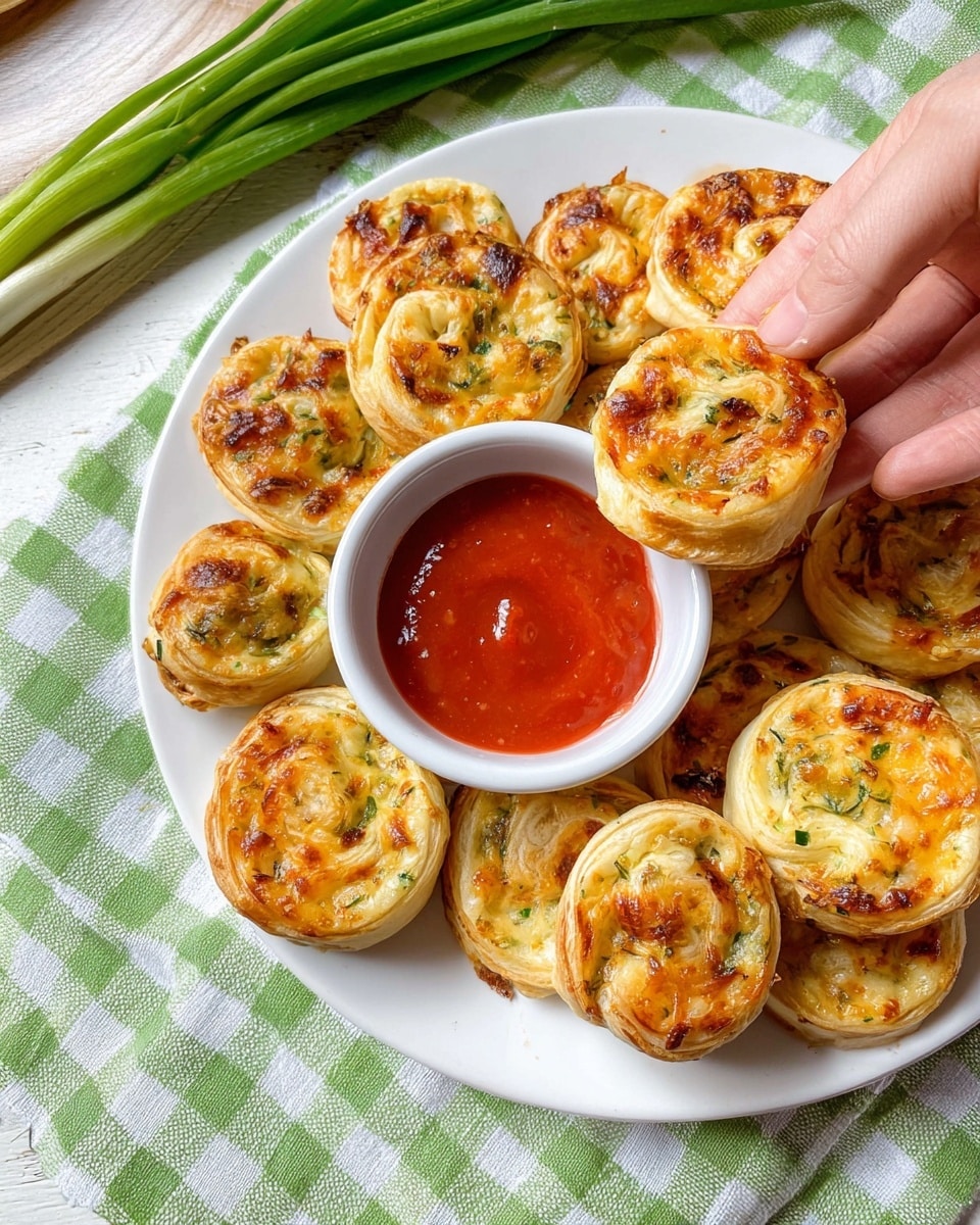The image shows a white plate filled with about a dozen small, round, golden-brown puff pastry pinwheels layered with bits of green herbs and orange bits inside the swirled dough. One pinwheel is held by a woman's hand dipping into a small white bowl containing bright red sauce placed on the plate. The plate is set on a green and white checkered cloth, with fresh green onions lying nearby on a white marbled surface. The pinwheels have a crispy, flaky texture with some browned cheesy spots on top. Photo taken with an iphone --ar 4:5 --v 7