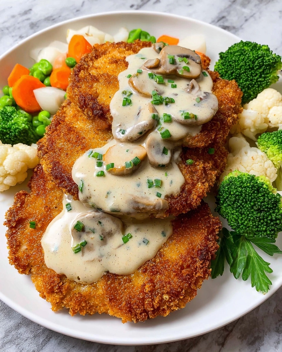 A white plate holds two large, golden-brown breaded cutlets stacked slightly on top of one another, with creamy white mushroom sauce scattered over the top cutlet, dotted with small green chive pieces. On the side of the plate, there is a colorful mix of steamed green broccoli florets, orange carrot slices, and white cauliflower pieces. A sprig of fresh parsley rests on the edge of the plate. The plate sits on a white marbled surface. photo taken with an iphone --ar 4:5 --v 7