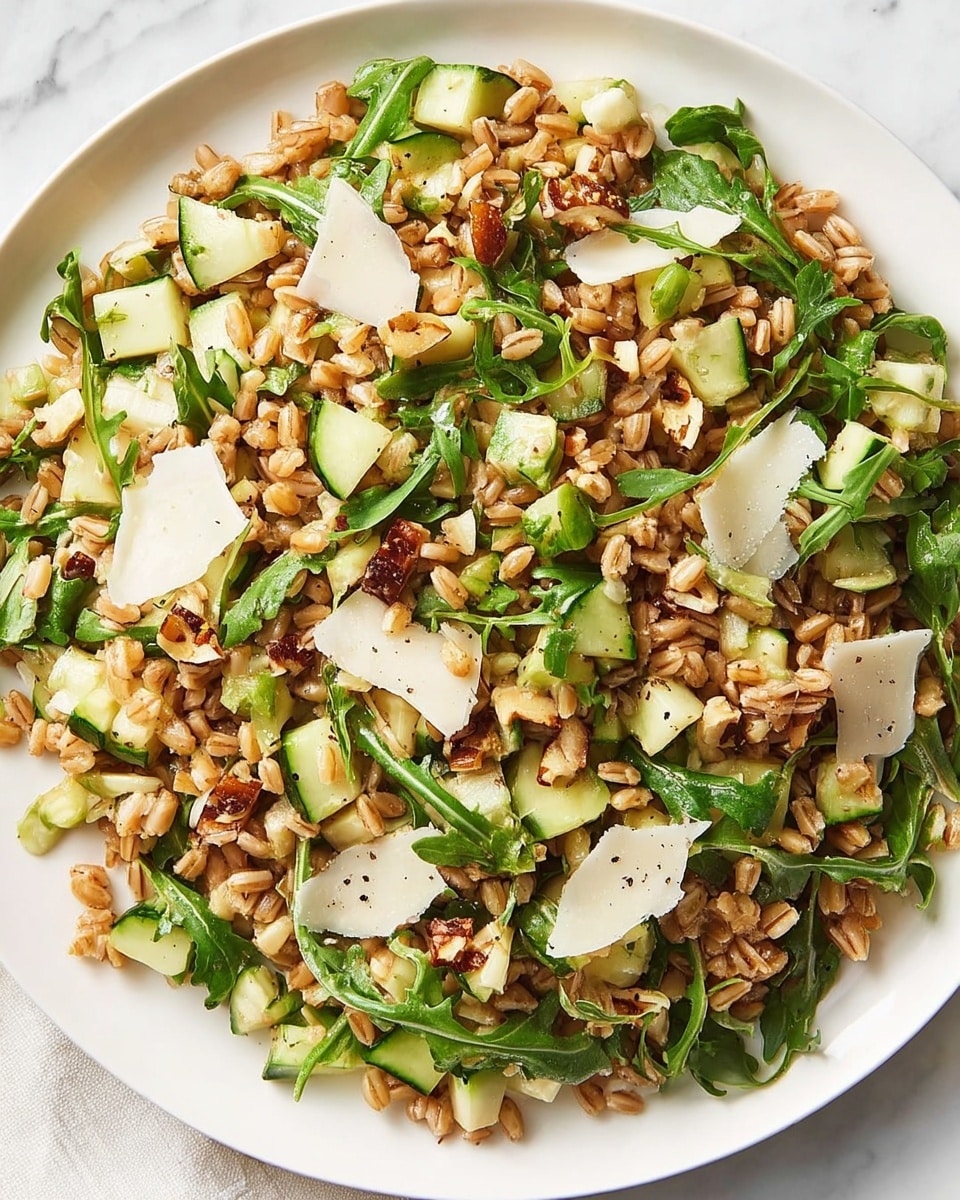 A close-up top view of a white plate filled with a layered salad featuring a base of cooked wheat grains that are light brown and slightly glossy. Mixed evenly throughout are dark green arugula leaves and light green diced cucumber pieces. Thin, off-white shavings of cheese are scattered on top, along with small bits of browned nuts adding texture. The salad is lightly dressed with visible small specks of black pepper on the surface. The white plate rests on a white marbled texture background. photo taken with an iphone --ar 4:5 --v 7