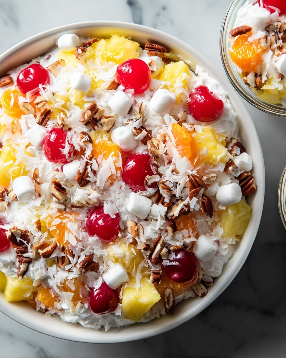 A large white bowl filled with a colorful fruit salad shows several layers starting at the bottom with whipped cream, followed by chunks of bright yellow pineapple and orange mandarin slices scattered throughout. On top, there are shiny red cherries with stems, small white marshmallows, shredded white coconut, and pieces of chopped brown pecans sprinkled over the entire dish. The bowl sits on a white marbled surface with two smaller clear glass bowls containing the same salad partially visible to the side. The colors and textures create a fresh and inviting look. photo taken with an iphone --ar 4:5 --v 7