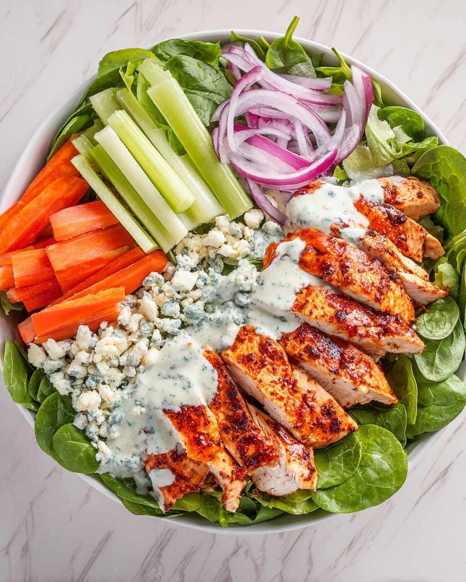 The image shows a fresh salad in a white bowl on a white marbled surface, with several colorful layers. The bottom layer consists of bright green spinach leaves and lettuce, topped by sliced celery sticks arranged in a row. Next to the celery are thin strips of orange carrots and thin slices of purple red onion. On top of these vegetables are clusters of white and blue crumbled cheese. The main focus is two sections of grilled chicken breast slices with a rich brown and orange color, placed side by side in the middle of the salad. The salad is drizzled with a creamy white dressing speckled with green herbs, spread evenly over the chicken and vegetables. photo taken with an iphone --ar 4:5 --v 7
