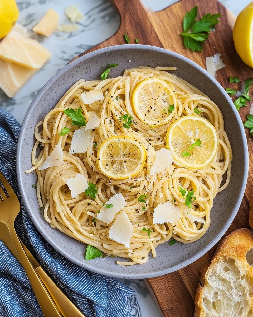 The image shows a gray bowl filled with a simple pasta dish consisting of creamy yellow spaghetti noodles layered with scattered thin, pale yellow lemon slices on top. There are also flat, irregular pieces of white Parmesan cheese spread unevenly over the pasta, along with small bright green parsley leaves that add pops of color. Black pepper is sprinkled over the dish, giving tiny dark specks on all the layers. The bowl is set on a wooden board with some cheese pieces and parsley leaves scattered outside. A gold-colored fork and knife rest on a blue and white striped cloth to the left of the bowl. The background features a white marbled surface, and a piece of garlic-butter bread is seen at the bottom right corner. Photo taken with an iphone --ar 4:5 --v 7