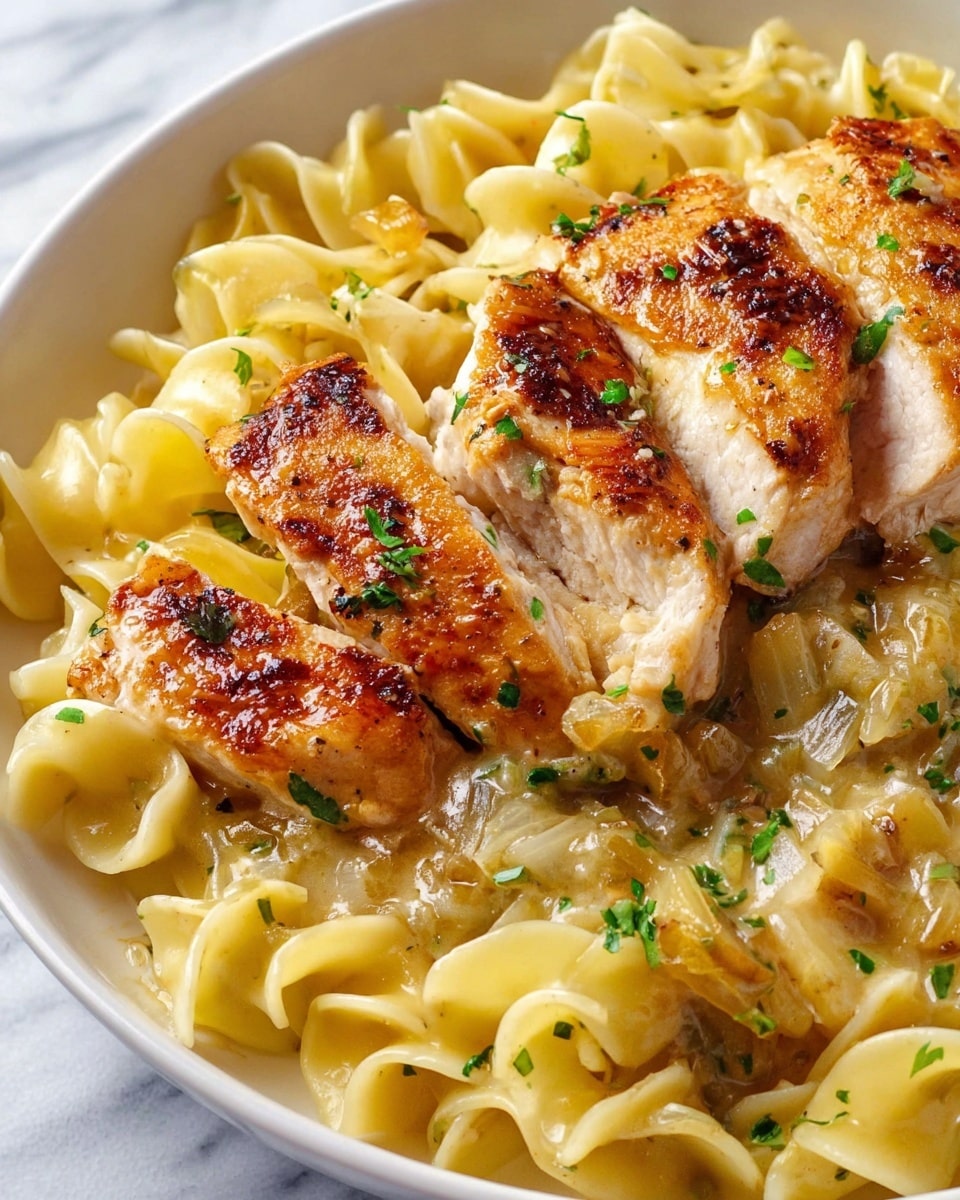 The dish shows three pieces of golden-brown cooked chicken breasts with a slightly crispy surface, placed on top of a layer of creamy, light yellow egg noodles. The noodles are curly and coated with a shiny sauce, with small bits of herbs and onions scattered on both the chicken and noodles. Fresh chopped green parsley pieces are sprinkled over the dish. The food is served on a white plate set against a white marbled surface. photo taken with an iphone --ar 4:5 --v 7