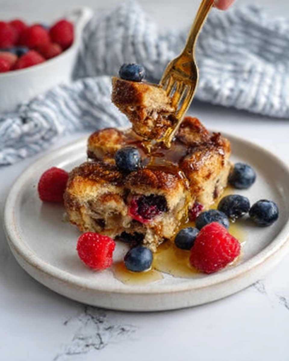 The image shows a white round plate with a layered bread pudding dish in the center. The bread pudding has a golden-brown crust on top with a slightly crispy texture. Inside, the bread layers are soft and soaked, with a mix of warm brown and cream colors. Fresh blueberries and raspberries are scattered on and around the pudding, adding bright blue and red colors. A shiny, golden syrup is poured over the top, glistening under the light. A white woman's hand holds a shiny gold fork lifted above the dish. The plate sits on a white marbled surface with a softly blurred cloth in the background. photo taken with an iphone --ar 4:5 --v 7